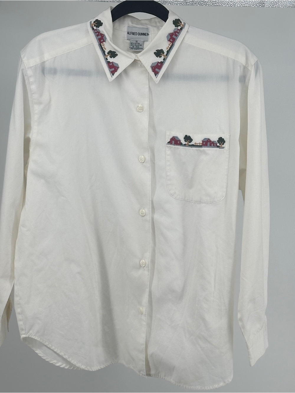Vintage Alfred Dunner Sz 12 White Button-Up Shirt Embroidered Detail Cottagecore